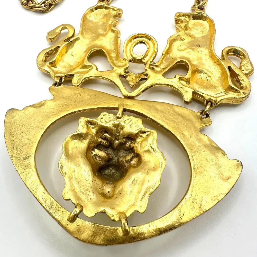 Vintage gold tone chunky massive lion door knocker chain statement necklace